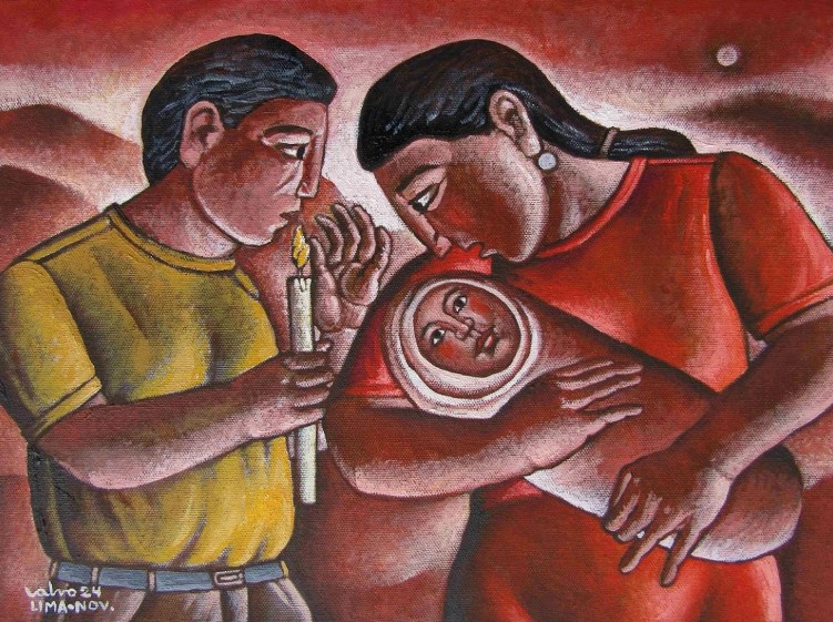 Navidad en los Andes, cuadro de Víctor Salvo. Un hombre, una mujer y un bebé.
