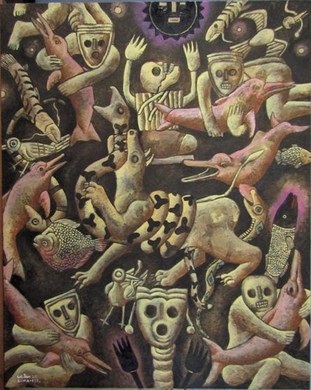 No toquen al delfín. Óleo sobre tela, 40 x 50 cm. Obra de protesta contra los depredadores de la Amazonia.
